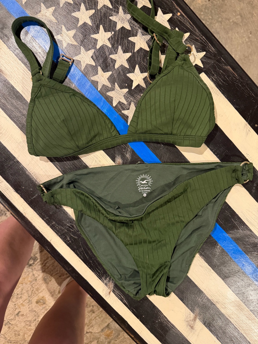 Hollister Dark Green Triangle Bikini Top with Gold Ring